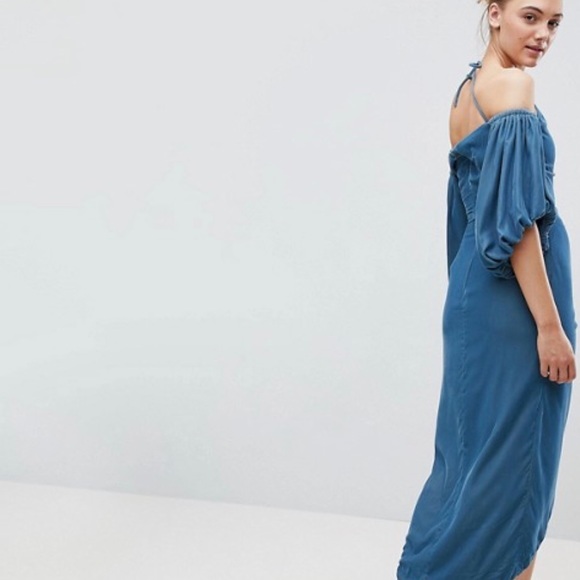 ASOS Velvet off the shoulder Blue High Low dress - Picture 2 of 3